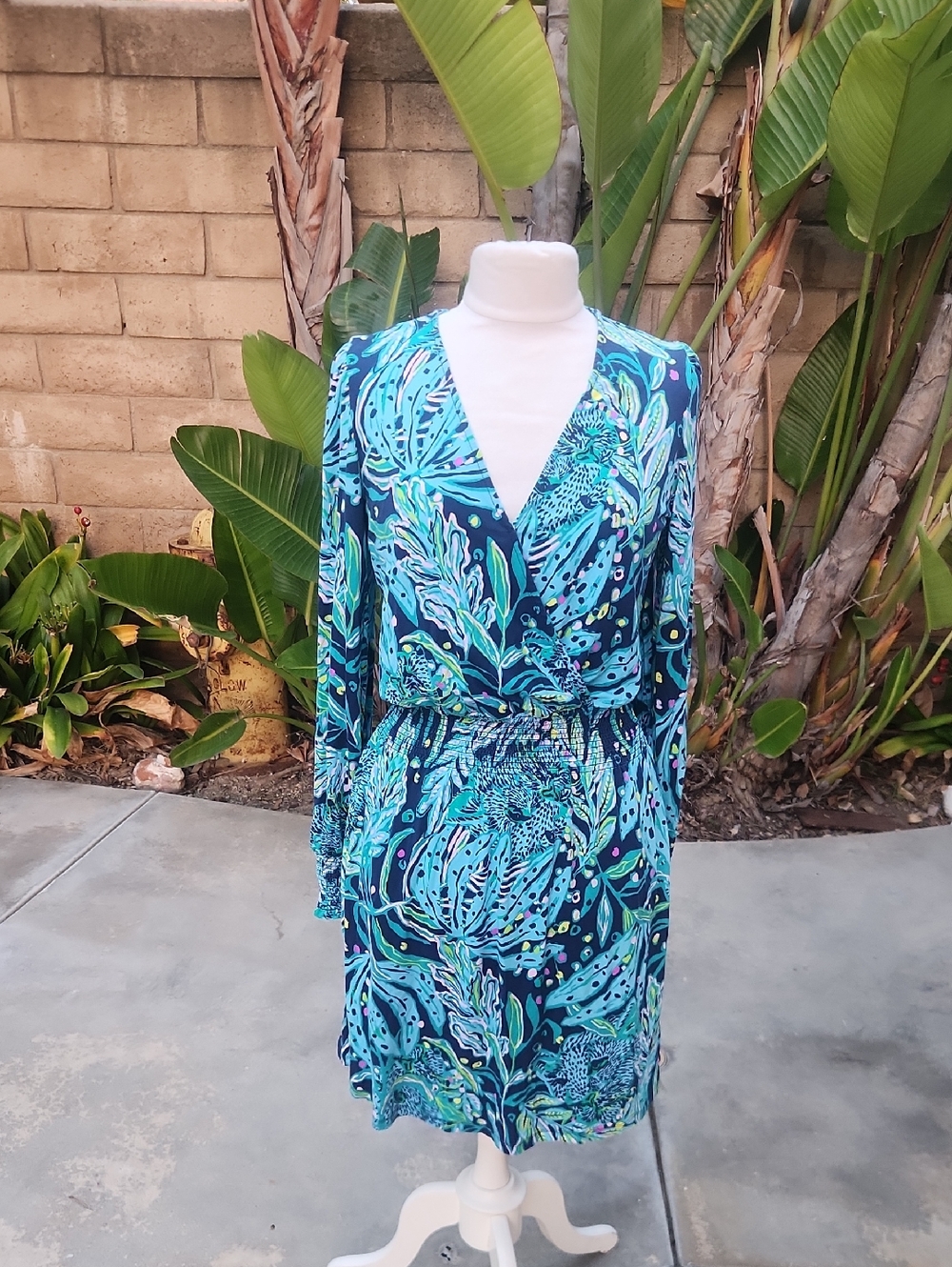 Lilly Pulitzer Tally Smocked Dress Catty Purrsonality Blue Long Sleeve Medium